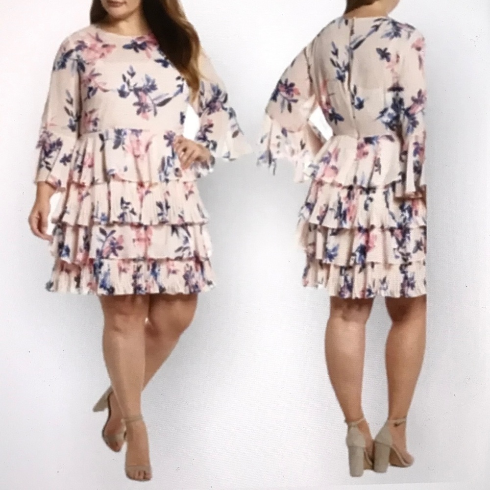 ELIZA J. Chiffon Floral Print Ruffle Tiered Mini Dress Women’s Plus Size 14 NWT